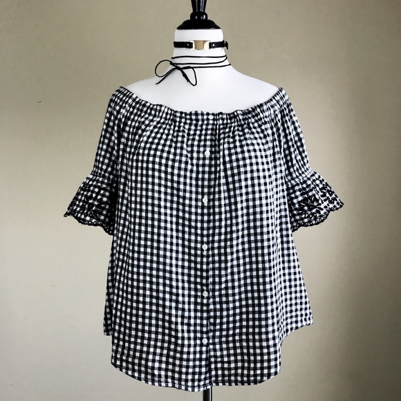 Old Navy Off Shoulder Black White Gingham Top - Picture 2 of 3